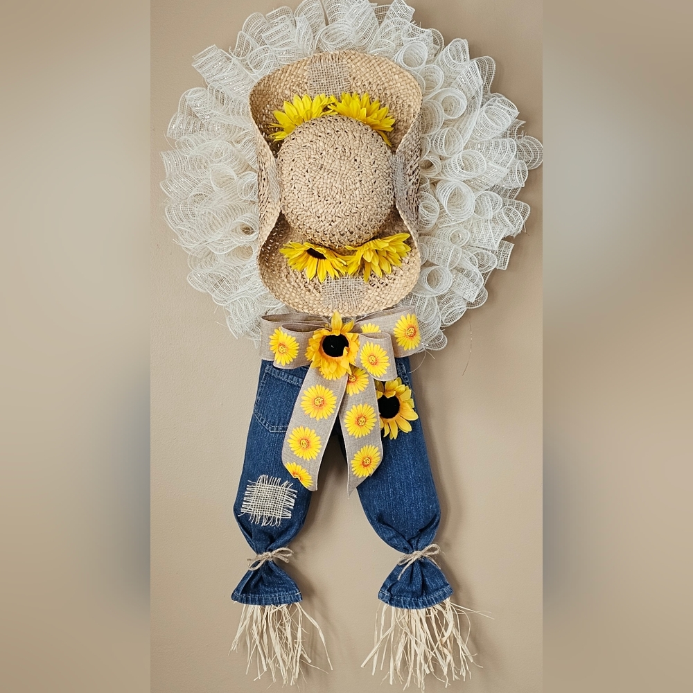 Scarecrow Sunflower Wreath Fall Decor Halloween Hand Crafted